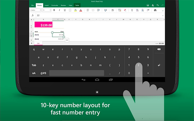 微软为Excel推出Android全功能虚拟键盘
